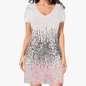 Cream Sequin Mini Dress with V-Neck and Short Sleeves